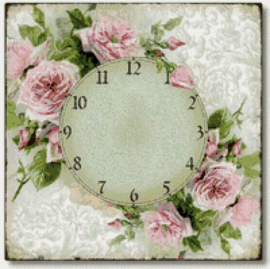 часы - цветы, розы, циферблат, картина, часики, цифры - предпросмотр