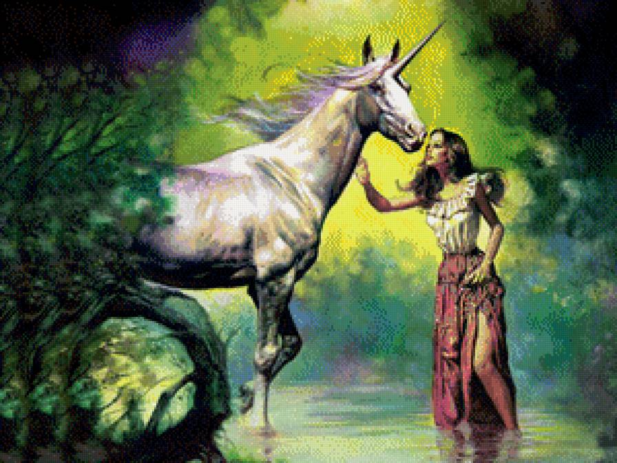 Волшебная встреча - девушка, единорог, лошадь - предпросмотр