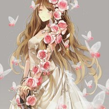 Схема вышивки «Цветы Бабочки Белое Платье Аниме Невеста»