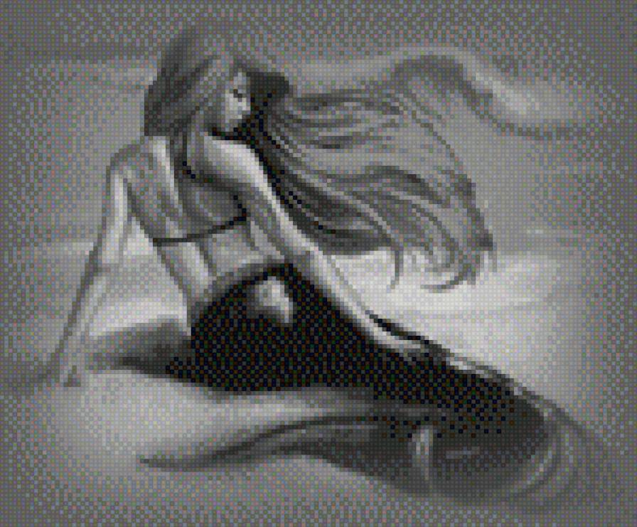 Русалка - песок, черное, женщина, ночь, белое, рыба, отдых, море - предпросмотр