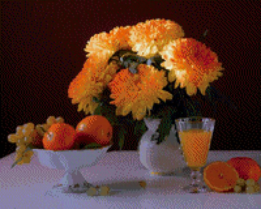 апельсин и цветы - натюрморт - предпросмотр