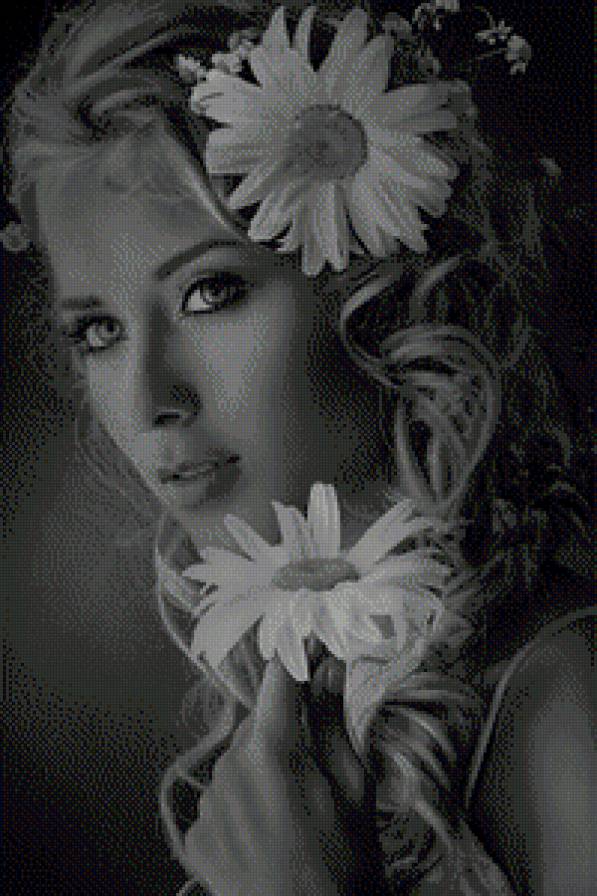 девушка с ромашками - люди, монохром - предпросмотр