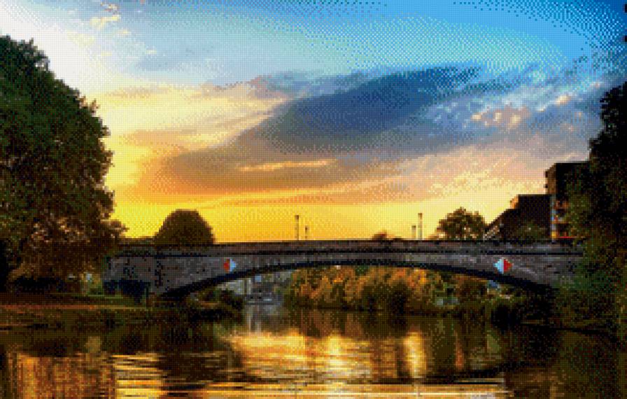 Закат над рекой - мост, облака, река, закат, деревья - предпросмотр