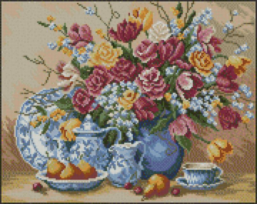 натюрморт с китайским сервизом - розы, букет, гжель, тюльпаны, натюрморт - предпросмотр