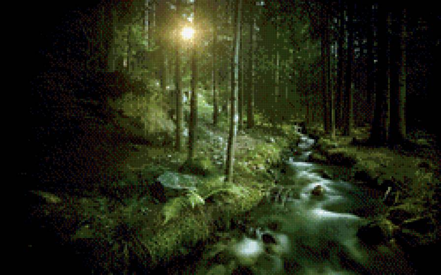 лесная речка - луна, пейзаж, лес, ночь, монохром, река - предпросмотр