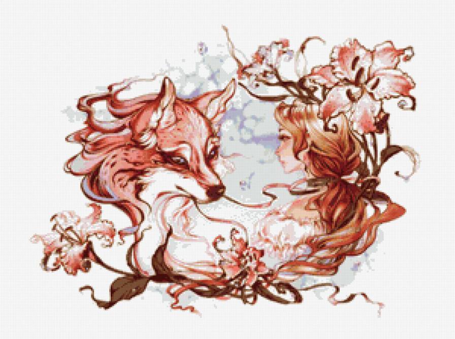 богиня лис - лиса, цветы, девушка, фэнтези, небо, люди, богиня, животные - предпросмотр