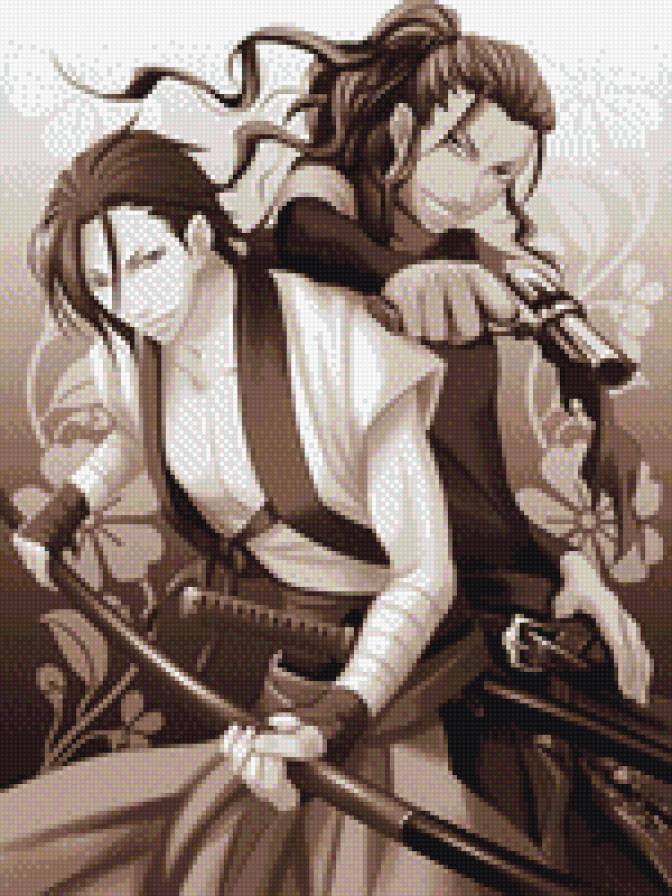 Харада  и - демоны бледно-розовой сакуры, hakuouki, монохром, аниме - предпросмотр