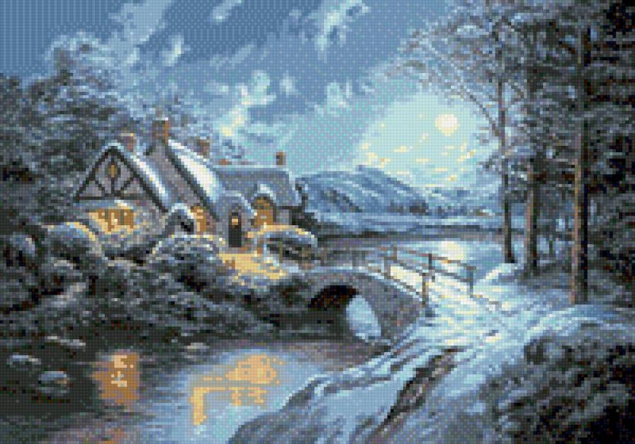 темная ночь - картина, река, природа, дом, ночь, снег, домик - предпросмотр