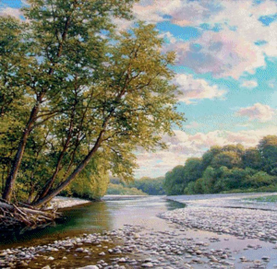 Берег реки - деревья, река, камни, лес - предпросмотр