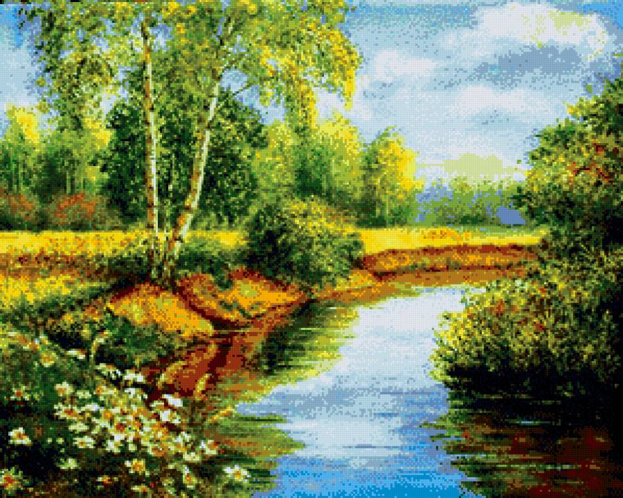 пейзаж с березами - река, березы, лес, пейзаж - предпросмотр