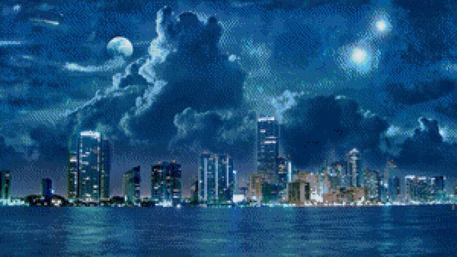 ночной город - город, океан, ночь, монохром, пейзаж, облака, луна, огни - предпросмотр