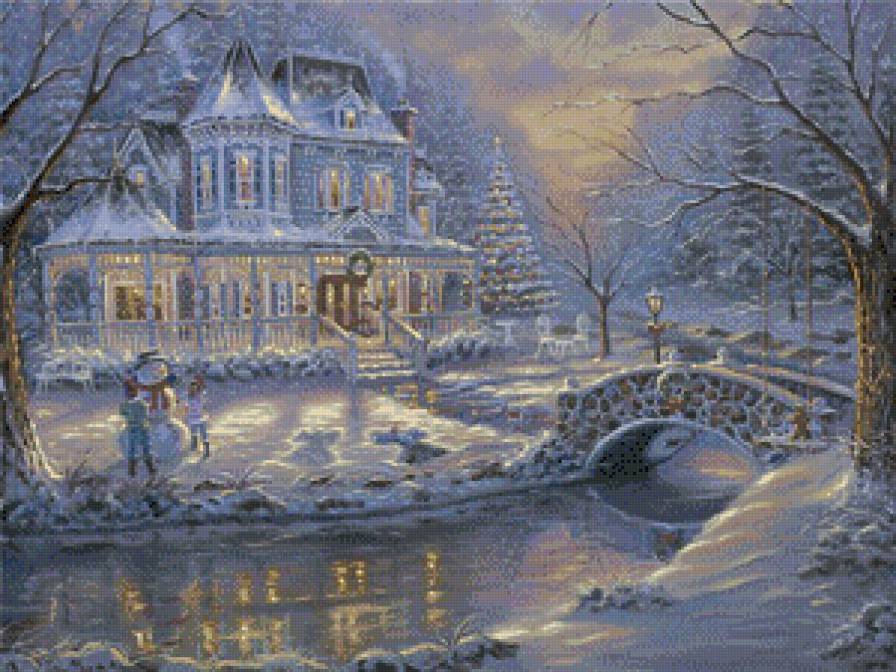 зимний вечер - дом, мостик, река, зима, перед рождеством - предпросмотр