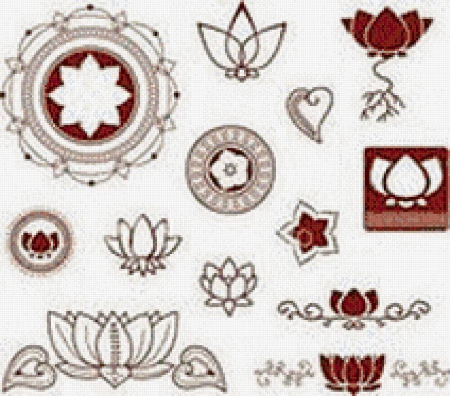 орнамент - монохром, лотос, орнамент, растения - предпросмотр