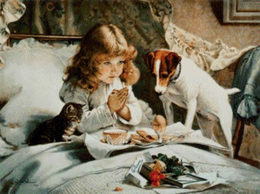 Чарльз Бертон Барбер. Молитва. - девочка, дети, животные, утро, интерьер - предпросмотр