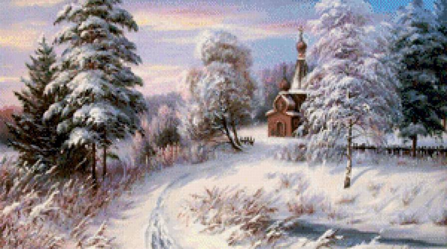 картина - пейзаж, зима, природа, лес, церковь - предпросмотр