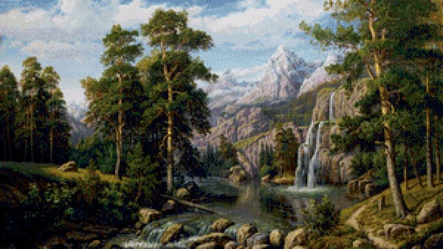 горный пейзаж - картина, пейзаж, природа, водопад - предпросмотр