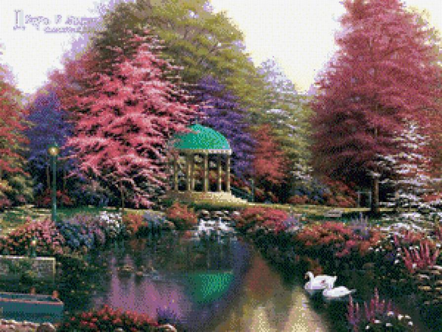 беседка - лебеди, цветы, сад, пруд, беседка, природа - предпросмотр