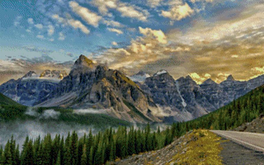 горный пейзаж - солнце, пейзаж, склон, лес, лучи, природа, облака, горы, небо - предпросмотр