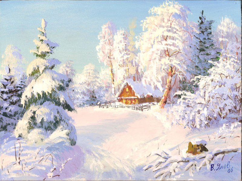 в зимнем лесу - пейзаж, деревья, дом, лес - оригинал