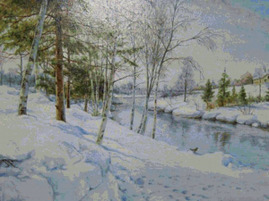 змняя река - лес, береза, дерево, река, пейзаж - предпросмотр