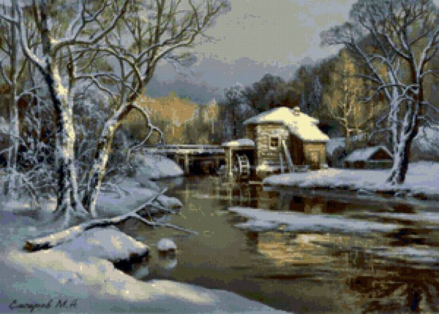 мельница - деревья, лес, пейзаж, река, дом, зима - предпросмотр