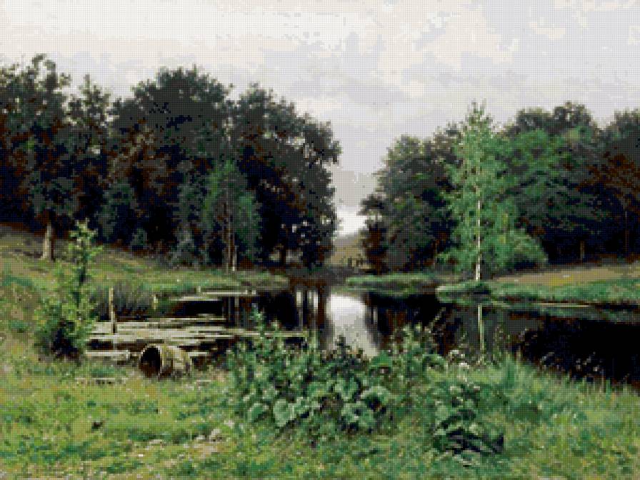 лето - пруд, картина, деревья, пейзаж, лето - предпросмотр