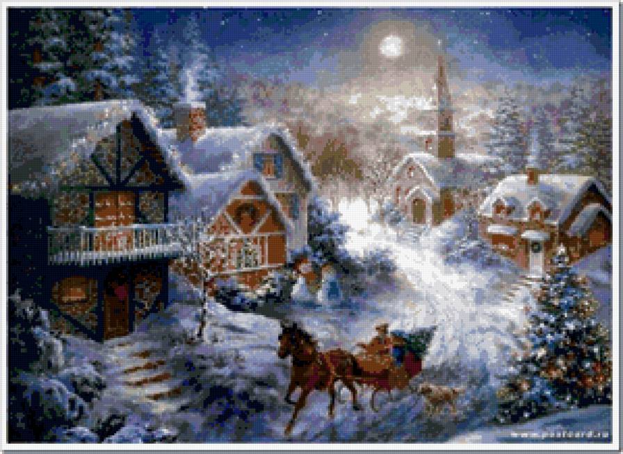 новогодний вечер - пейзаж, зима, дом, деревья, лес, новый год - предпросмотр