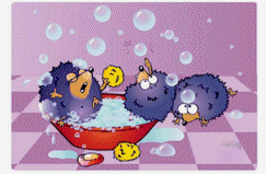 ежики - мультяшки, ванна, животные, купание - предпросмотр