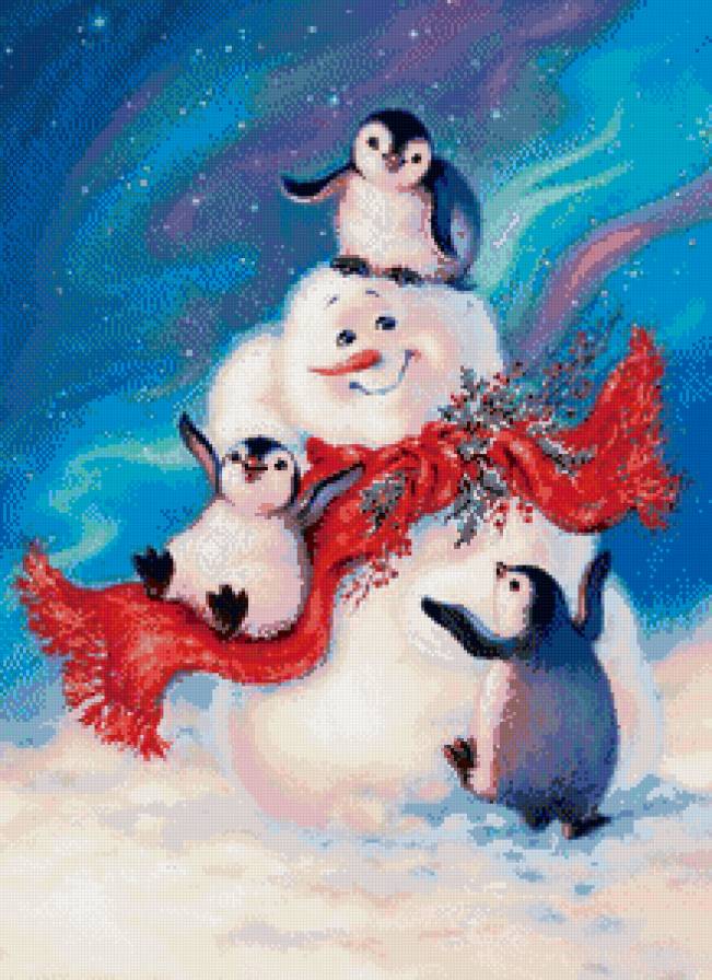 Снеговик и пингвины - зима, снег, снеговик - предпросмотр