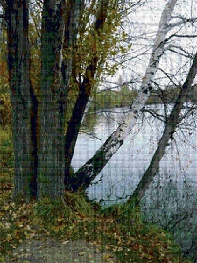 у воды - деревья, картина, лето, пейзаж, пруд - предпросмотр