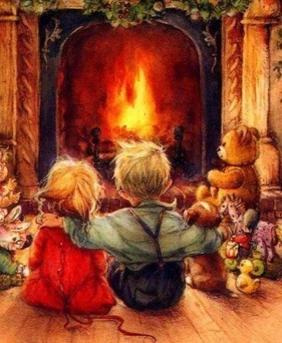 НГ - камин, новый год, двое, дети - оригинал