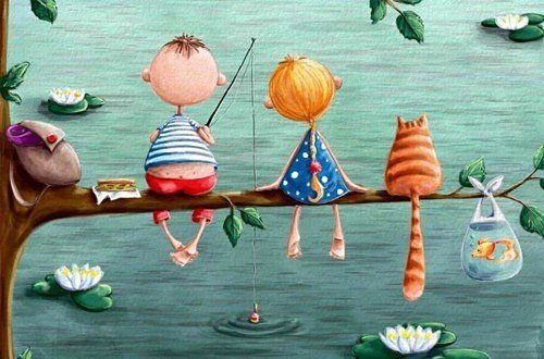 10 - рыбалка, кот, озеро, детская - оригинал