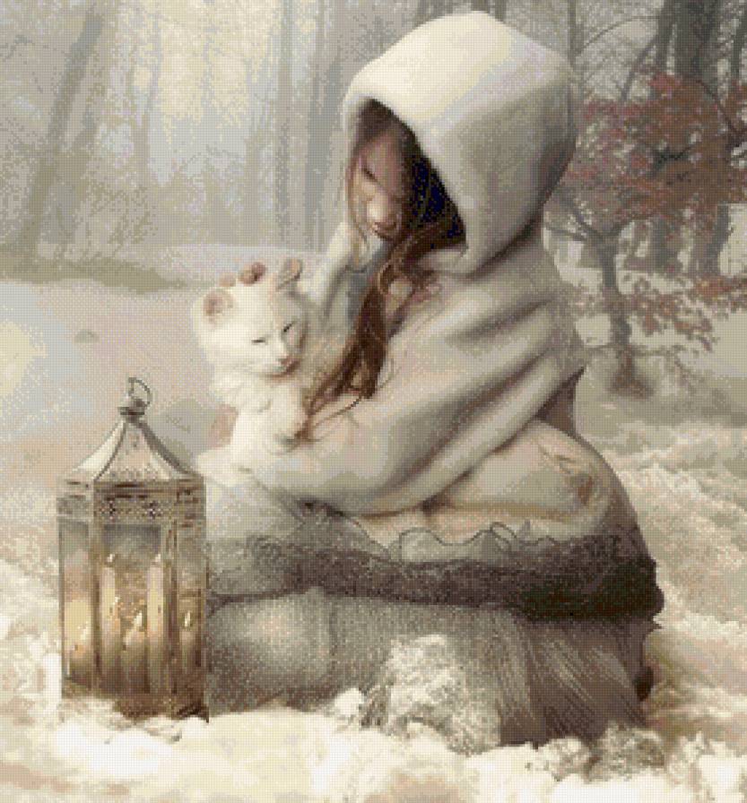 В зимнем лесу - белый, девочка, лес, зима, фонарь, свечи, кот - предпросмотр