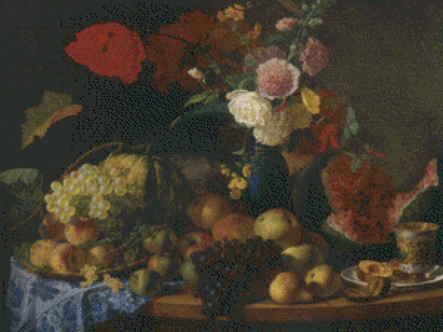 СЕРИЯ "НАТЮРМОРТЫ". НАТЮРМОРТ С ЦВЕТАМИ И ФРУКТАМИ - посуда, цветы, кувшин, интерьер, фрукты - предпросмотр