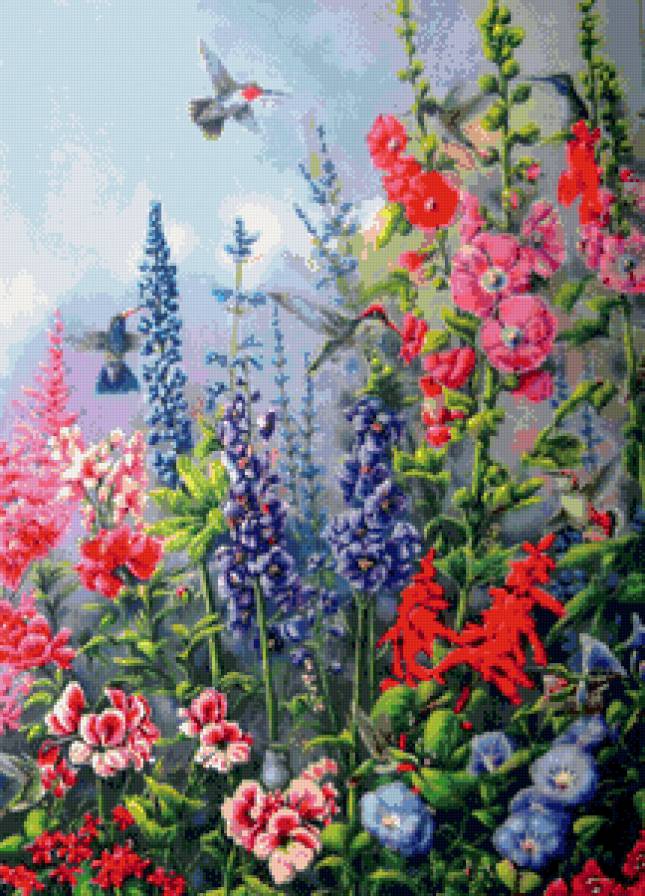 цветочное изобилие - цветы, птицы - предпросмотр
