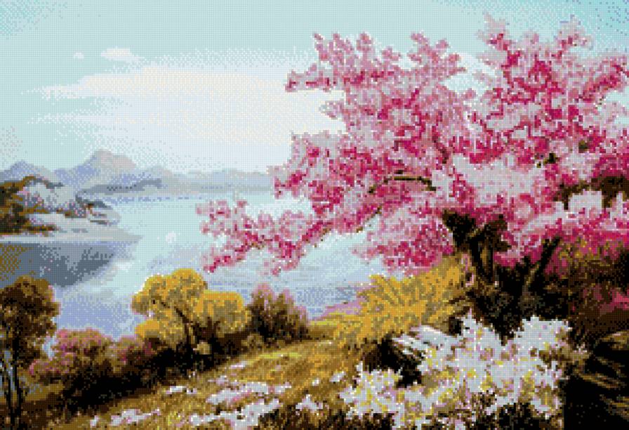 Природа - пейзаж, цветущее дерево, природа, река - предпросмотр