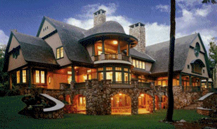 foto-de-casa-de-lujo-luces-encendidas-con-partes-de-piedra - предпросмотр