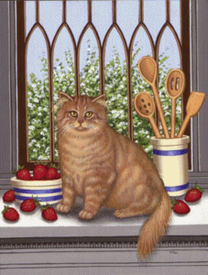 gato en la ventana con cubiertos de cocina - предпросмотр