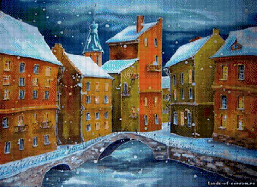 ночная улица - зима, пейзаж, дома - предпросмотр