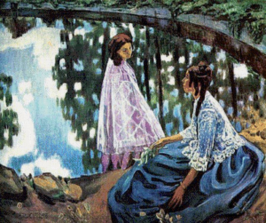 ВОДОЕМ - водоем, дамы, шали, озеро, солнце, лето, платья - предпросмотр