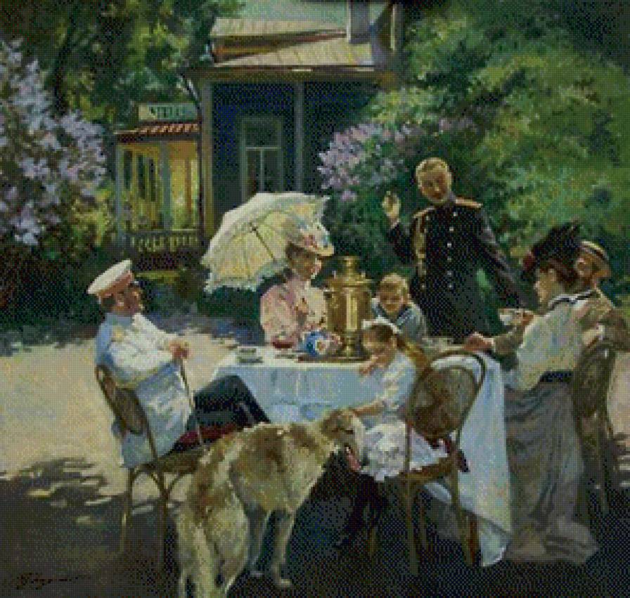СЕРИЯ "ДВОРЯНСКАЯ УСАДЬБА". ПРИЯТНАЯ БЕСЕДА - беседа, дамы, лето, сад, солнце, стол, господа, зонтик - предпросмотр