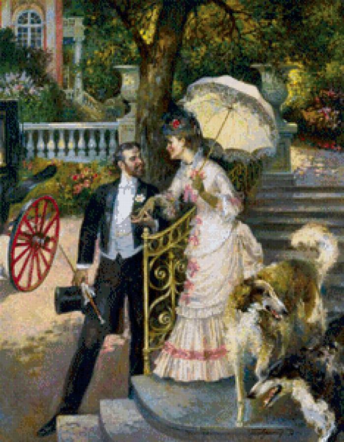 СЕРИЯ "ДВОРЯНСКАЯ УСАДЬБА". КОКЕТСТВО - лестница, кокетство, собака, господа, сад, дамы, усадьба - предпросмотр