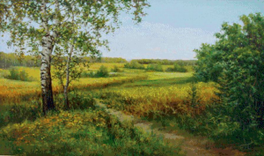 берёза - живопись, пейзаж, луг, береза, дерево, осень, лес, поляна - предпросмотр