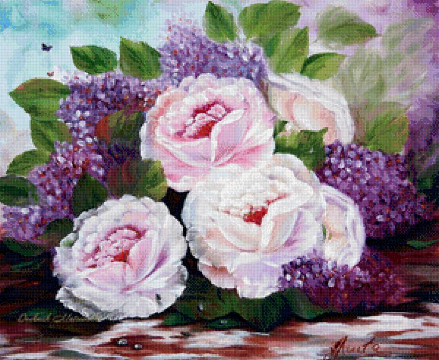 пионы и сирень - букет, пионы, весна, сирень, цветы, живопись, натюрморт - предпросмотр