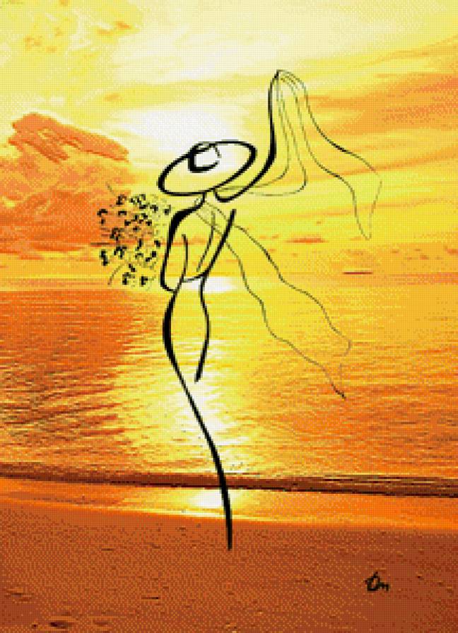 девушка у моря - рисунок, девушка, графика, закат, море, арт - предпросмотр