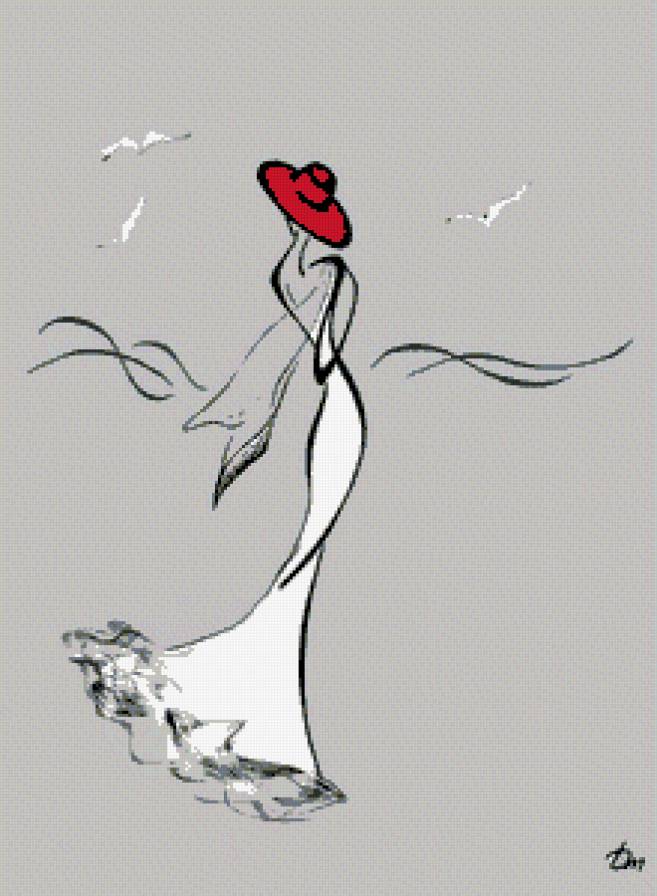 девушка с чайками - шляпа, чайки, рисунок, арт, графика, девушка - предпросмотр