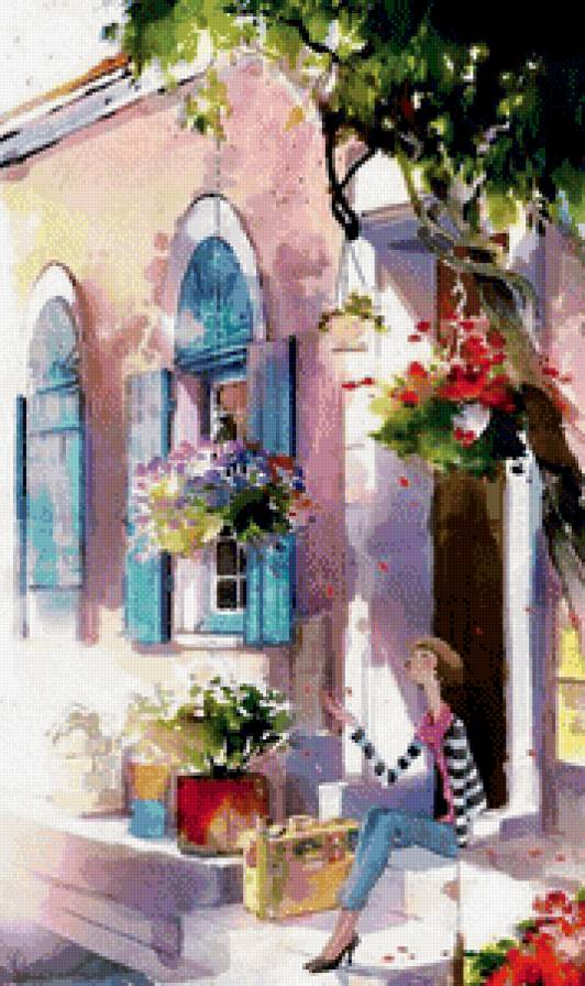 на крыльце - город, двор, рисунок, цветы, акварель - предпросмотр