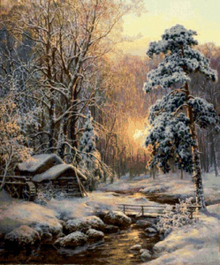 на закате солнца - закат, лес, пейзаж, избушка, зима - предпросмотр