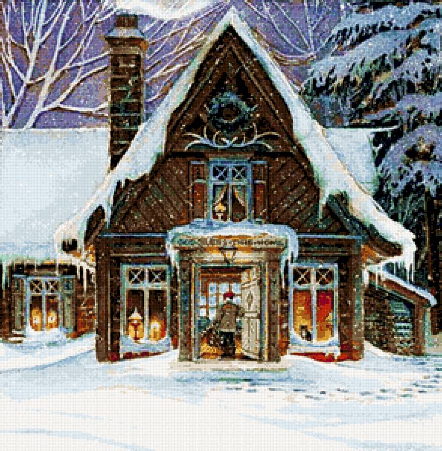 зимний вечер - картина, праздник, домик, зима, пейзаж, живопись - предпросмотр