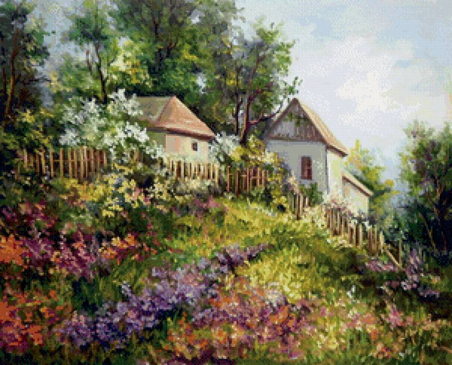 домики в деревне - живопись, деревня, пейзаж, природа, домики, село - предпросмотр